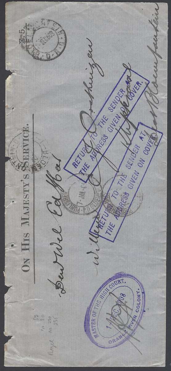 OFS: Scarce 1903 "RETURNED LETTER OFFICE / O.R.C." cds / misc. cachets on O.H.M.S. cover.