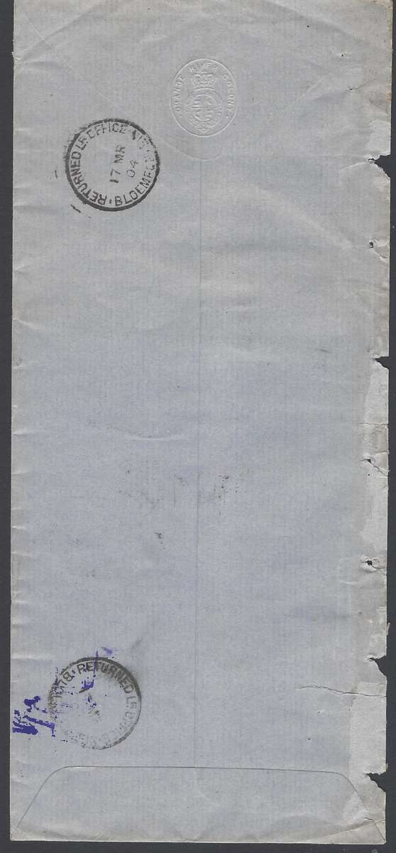 OFS: Scarce 1903 "RETURNED LETTER OFFICE / O.R.C." cds / misc. cachets on O.H.M.S. cover.