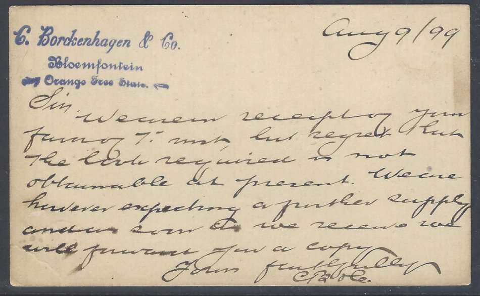 OFS: 1899 Rare "LAAT GEPOST" cachet BLOEMFONTEIN/BETHULIE.