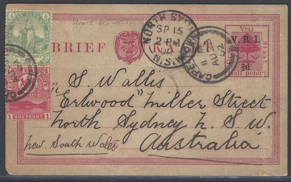 OFS Rare 1902 "V.R.I." Brief Kaart Cape Town/ NORTH SYDNEY, Australia.