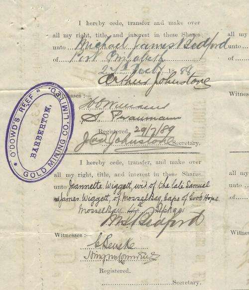 Transvaal (ZAR): Rare 1880 `O` DOWD`S REEF GOLD MINING COMPANY LTD` Share certificate.