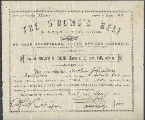 Transvaal (ZAR): Rare 1880 `O` DOWD`S REEF GOLD MINING COMPANY LTD` Share certificate.
