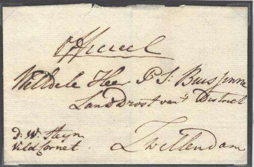 Cape 1800`s Early Veldcornetcy mail D.W. Steyn to P.J. Buisfinne at Swellendam. Scarce. See below.