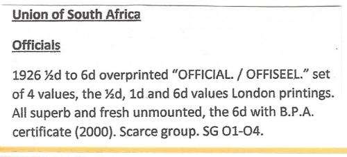 Union 1926 Official first set superb MNH. 6d with BPA Cert. SG O1/4.