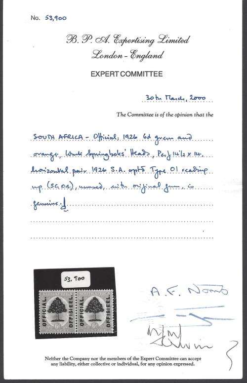 Union 1926 Official first set superb MNH. 6d with BPA Cert. SG O1/4.