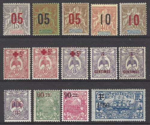 New Caledonia 1912/27 group of 14 surcharges FM. CV R 650. SG between 102A/133. See below.