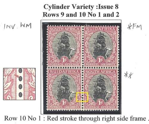 Union: 1932 Roto Issue 8 block with cylinder variety VFM/MNH.  See below.