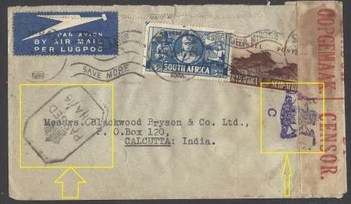 Union 1943 Scarce Censored cover DURBAN to CALCUTTA. See below.