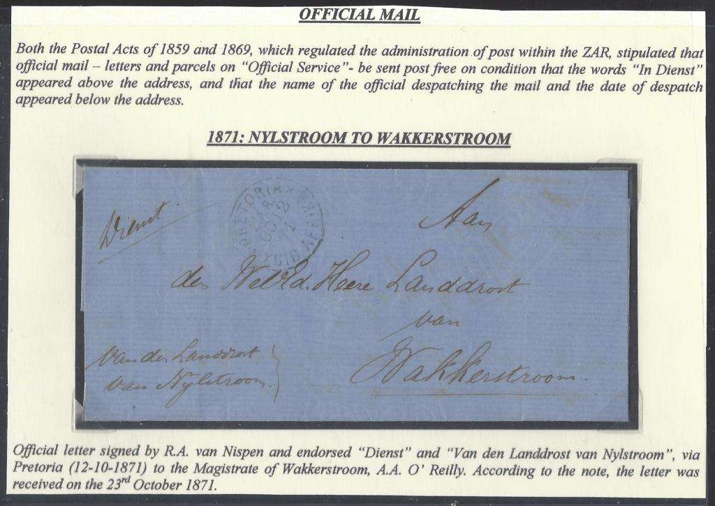 Transvaal/ZAR 1871 Rarity. Official Mail: Nylstroom/Pretoria/Wakkerstroom. See below.