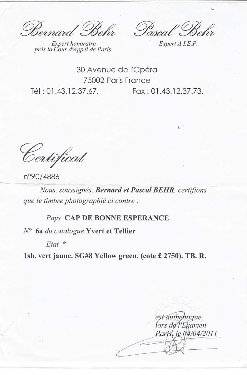 Cape 1858 SACC 8 fine mint with Behr certificate.