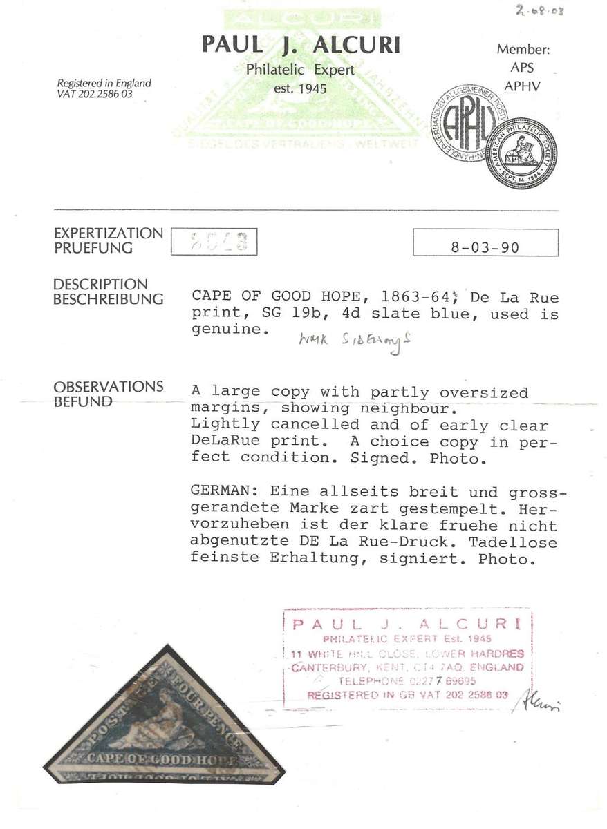 Cape 1864  SACC 15ba Watermark sideways with Alcuri certificate fine used. See below.