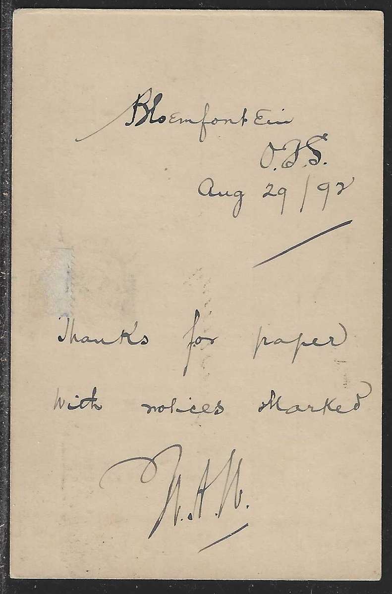 OFS 1892 (28 AUG) Rare 1d on 3d surch. Type III Stamp Brief Kaart variety. Less than 20 recorded.