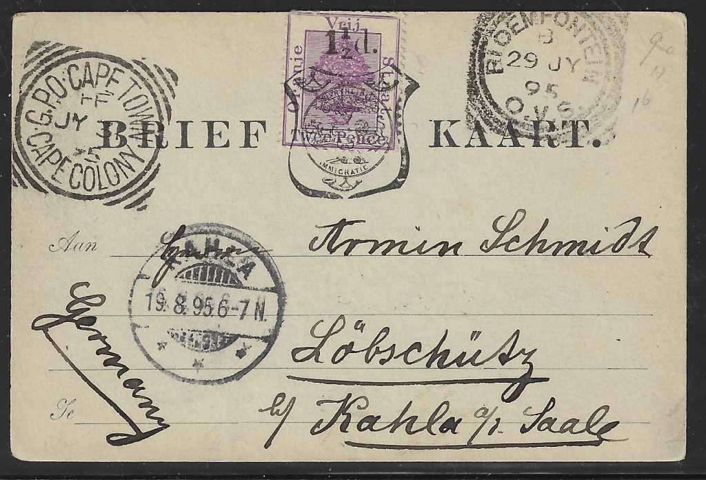 OFS 1895 (JY 27) 1 1/2d on 2d Brief Kaart. 5th ptg. Dewetsdorp/Bloemfontein/GPO Cape Town/Germany.
