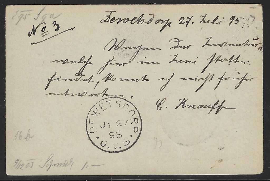 OFS 1895 (JY 27) 1 1/2d on 2d Brief Kaart. 5th ptg. Dewetsdorp/Bloemfontein/GPO Cape Town/Germany.