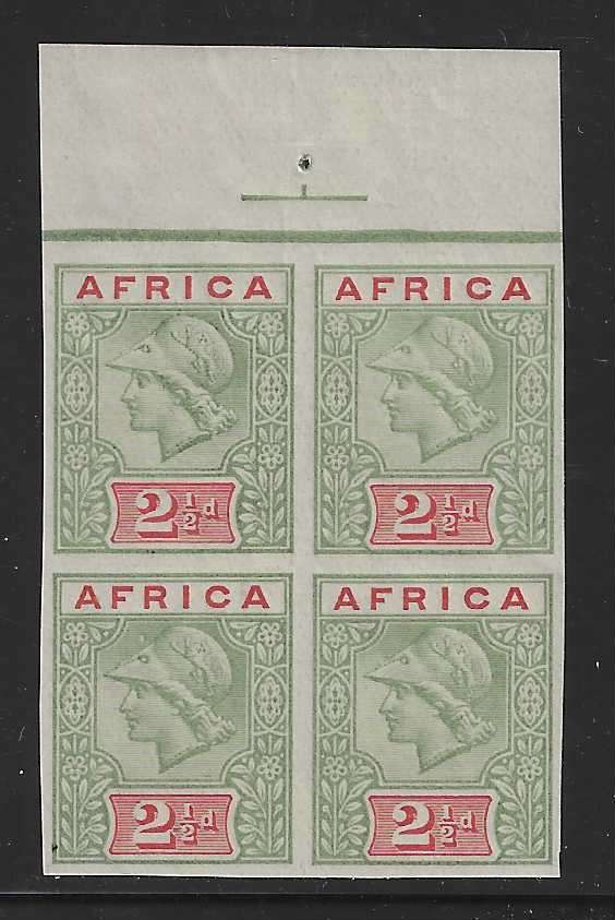 Transvaal `AFRICA` De La Rue Imperf Control block - dull green and dull carmine, uncoated paper.