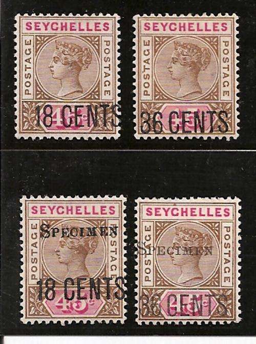 Seychelles : 1896 surcharge set plus Specimens