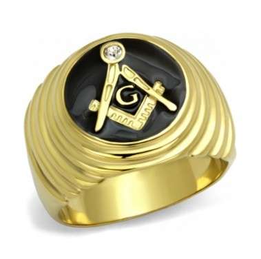 Stainless Steel Gold Ion Plated Free Mason Ring with Crystal: Size 9
