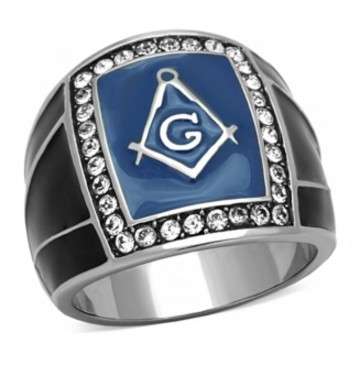 Stainless Steel Free Mason Ring with Crystals- Size 8, 9