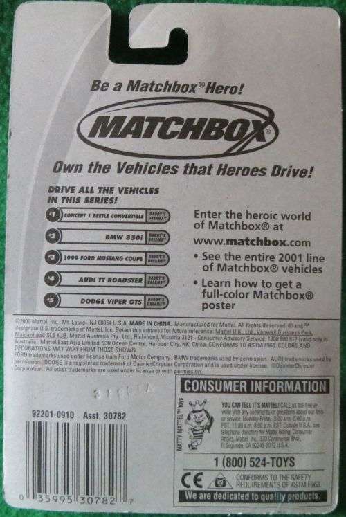 **MATCHBOX**VW CONCEPT 1 CONVERTIBLE**CARDED 2000 CHINA**WITH MB LOGO BEHIND BACKSEATS**