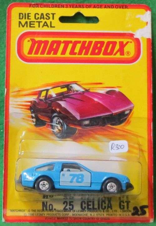 **MATCHBOX #25**TOYOTA CELICA GT**CARDED 1980**MADE IN HONG KONG**OPENING DOORS**SCALE 1/61**