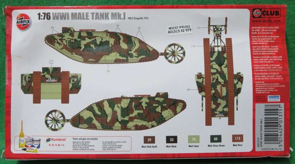 **AIRFIX**MODEL KIT**WWI - MALE TANK Mk.I**1/76**LENGTH +-13.5CM**