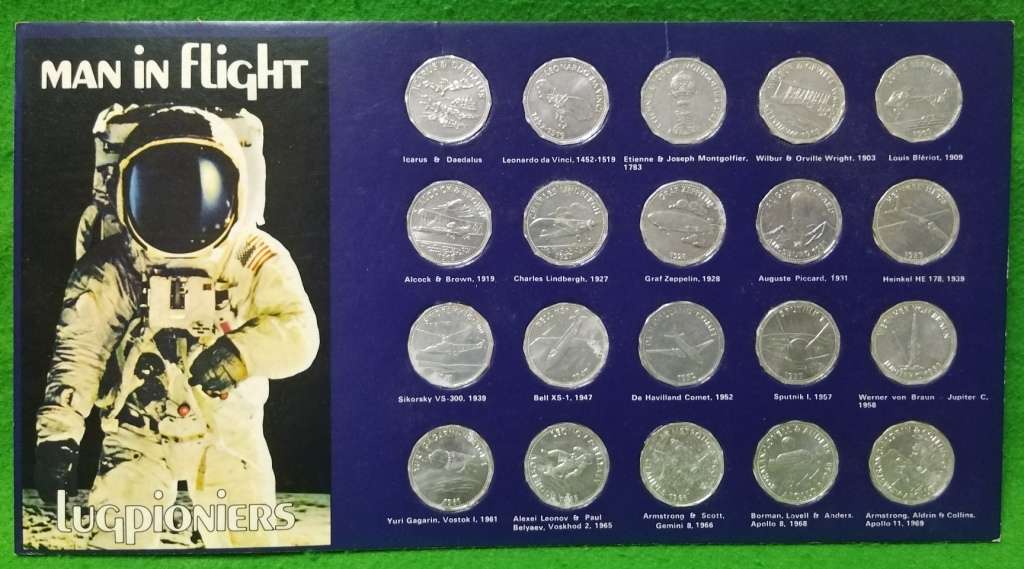 **Issued by SHELL - 1970`s**Man in Flight - Complete set of 20 Tokens**On Collectors card**Vintage**
