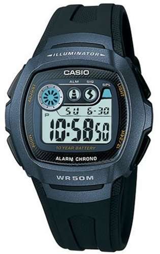 Casio Sportstimer 50m 1/100 Dual time Resin 10 Year Battery for men W-210-1B