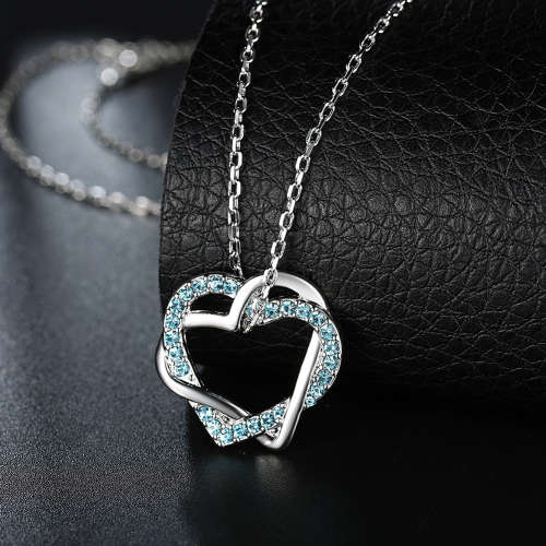 18K RGP in white gold, ladies double linked heart pendant with blue AAA crystals + FREE chain