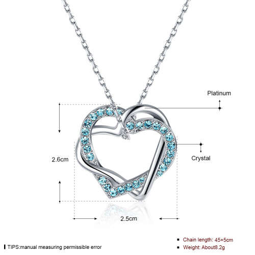 18K RGP in white gold, ladies double linked heart pendant with blue AAA crystals + FREE chain