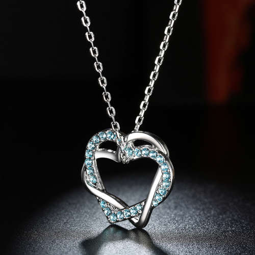 18K RGP in white gold, ladies double linked heart pendant with blue AAA crystals + FREE chain