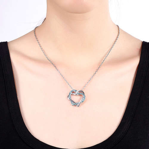 18K RGP in white gold, ladies double linked heart pendant with blue AAA crystals + FREE chain