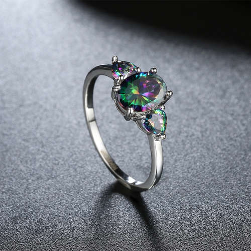 Tri stone created Mystic topaz ring, genuine Platinum plated