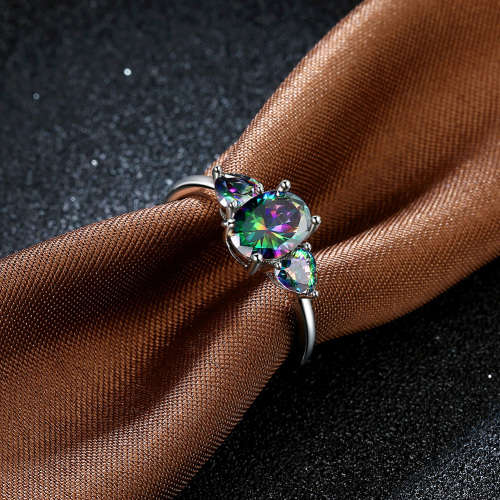 Tri stone created Mystic topaz ring, genuine Platinum plated
