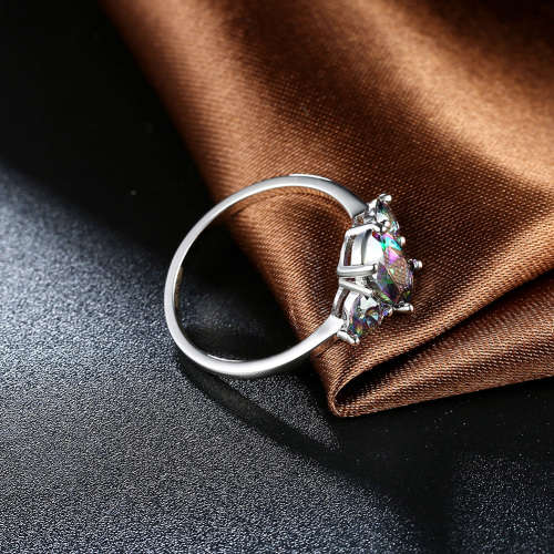 Tri stone created Mystic topaz ring, genuine Platinum plated