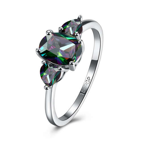 Tri stone created Mystic topaz ring, genuine Platinum plated
