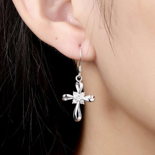 925 Sterling Silver filled Ladies cross earrings with Genuine Crystal detail