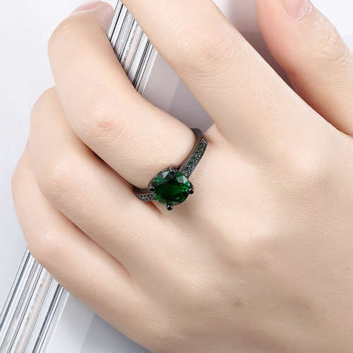Genuine gun metal plated, Ladies 2cr simulated emerald ring