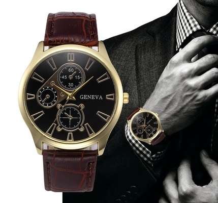 Stylish men's Geneva Watch, with Brown or Black straps