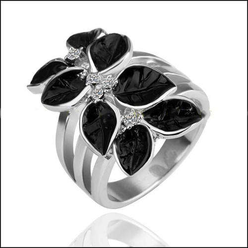 New 18K RGP black leaf ring with genuine Austrian crystals