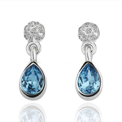 *Local Stock* High quality 18K RGP white gold drop earrings with Blue Austrian crystals and zircon
