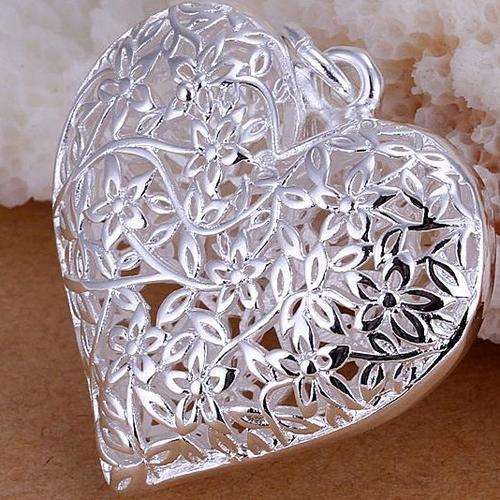 Local Stock, 925 sterling silver filled heart pendant with flowers and leaves detail plus FREE chain