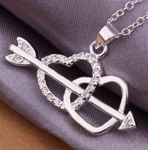 Local Stock, 925 sterling silver filled arrow through 2 hearts Valentines pendant with Free chain