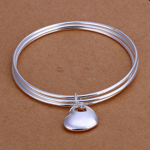 New 925 sterling silver filled Stamped ladies triple hoop bangle with Valentines heart charm