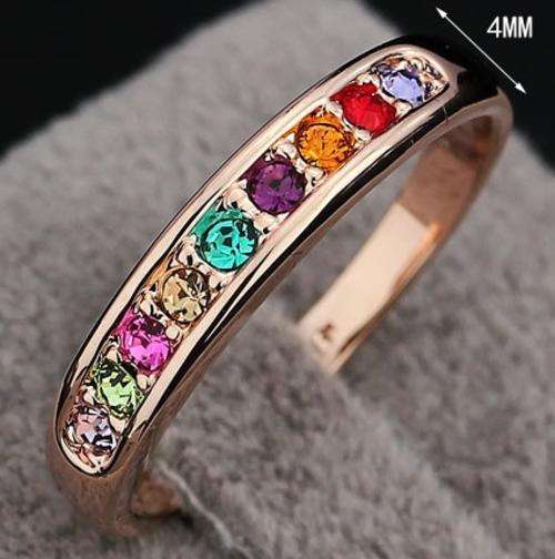 Local Stock, New 18K RGP 4mm ladies multi colored cystal ring. A real beauty