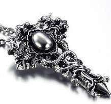 Genuine Stainless steel Sword cross style pendant with Dragon detail, Comes with FREE chain