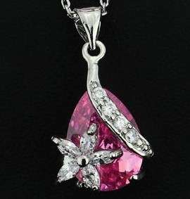 18K RGP white gold large Pink AAA Austrian crystal pendant with crystal flower detail + FREE chain