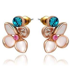 18K RGP rose gold, Ladies dangle stud earrings, Flower design with white detail and Austrian crystal