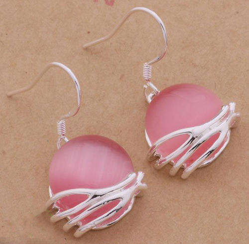 New 925 Sterling silver filled Delicate ladies dangle earrings with Pink stone