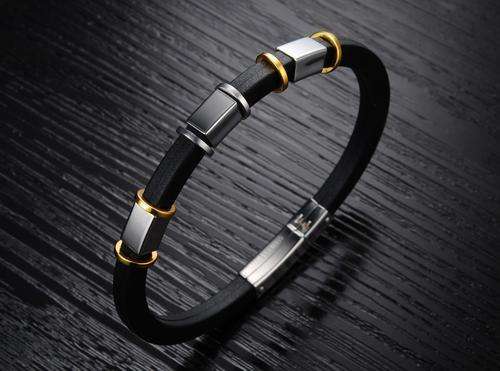 New Genuine Stainless steel and sillicon mens bracelet with 18K RGP detail