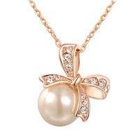 New 18K RGP rose gold ladies bow knot pendant with shell pearl and Austrian crystals + FREE chain